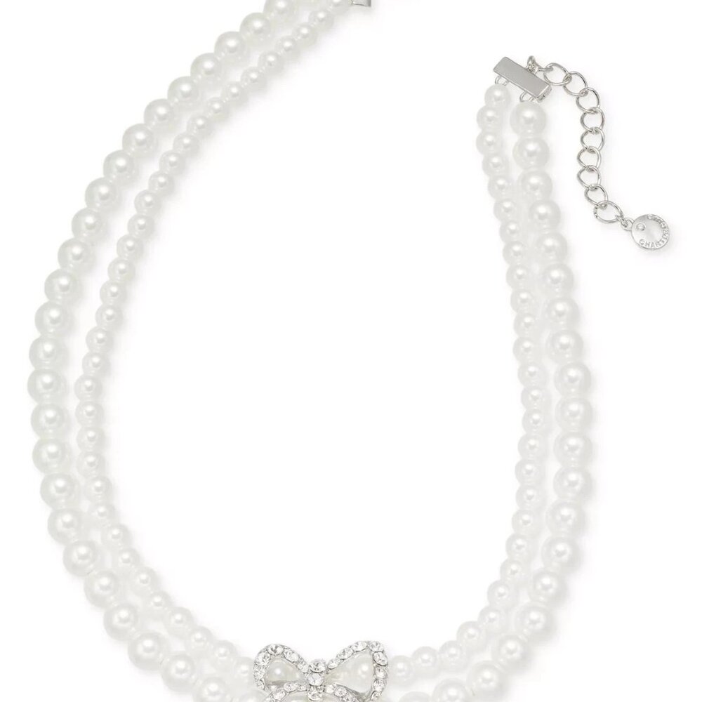 Charter Club Silver Tone Pave Bow Imitation Pearl Layered Necklace 16” + 2” Exte